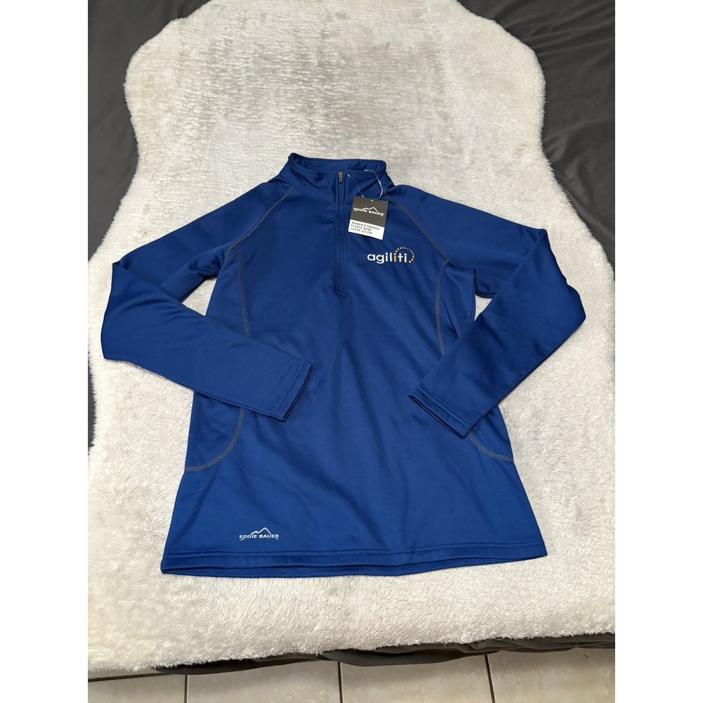 New Eddie Bauer Womens Smooth Fleece Base‎ Layer 1/2 Zip Blue Large Sweater Logo
